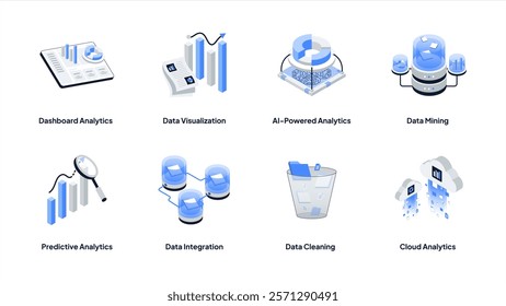 Data analytics isometric icon set. Containing Dashboard, Visualization, AI-Powered Analytics, Data Mining, Predictive Analytics, Integration, Data Cleaning and Cloud Analytics.  