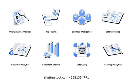 Data analytics isometric icon set. Containing User Behavior Analytics, Data Query, Business Intelligence, Data Clustering, Customer Analytics, Sentiment Analysis, AB Testing and Heatmap Analytics.