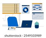 Data analytics job workspace 2D illustration concept. Analysis charts desk setup. Office space laptop potted plant cartoon background isolated on white. Metaphor abstract flat vector graphic