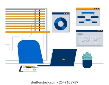 Conceito de ilustração 2D do espaço de trabalho de análise de dados. Configuração do computador de gráficos de análise. Escritório espaço laptop envasado planta desenho animado fundo isolado no branco. Metáfora abstrata vetor gráfico plano