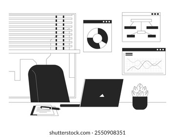 Data analytics job workspace black and white 2D illustration concept. Analysis charts desk setup. Office space laptop potted plant outline background isolated. Metaphor monochrome vector art