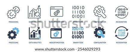 Data analytics line and glyph solid icons collection. Minimal icon and symbol series vector illustration