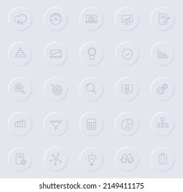 data analytics line gray icons on round rubber buttons. data analytics icon set for web, mobile apps, ui design and promo business polygraphy