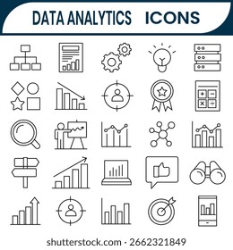 Data Analytics line icon collection. Data Analytics icon vector set. Chart, graph, analysis, report, growth, containing analytics, research, computing, statistics, data, management,pie chart icons.