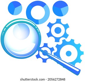 Data analytics line icon. Magnifying glass, diagrams and gears vector illustration isolated on white background. Statistical calculations, report, business data, financial strategy, analytics concept