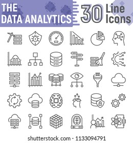 Data analytics line icon set, database symbols collection, vector sketches, logo illustrations, web hosting signs linear pictograms package isolated on white background, eps 10.