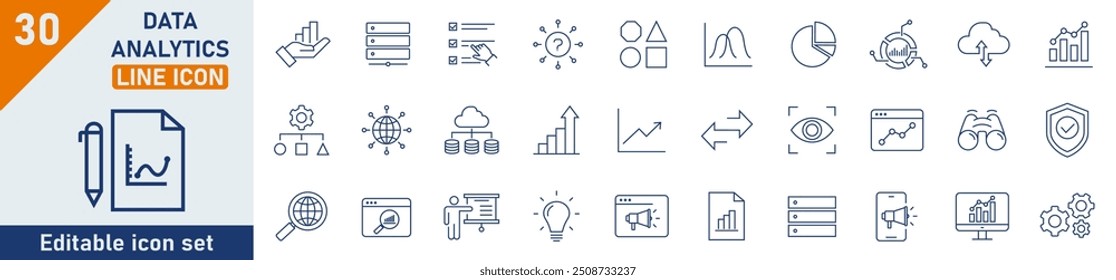 Data Analytics line icon set. Set of 30 outline icons related to charts, graphs, filter, data mining and others. Linear icon collection. Data Analytics outline icons collection. Editable stroke.