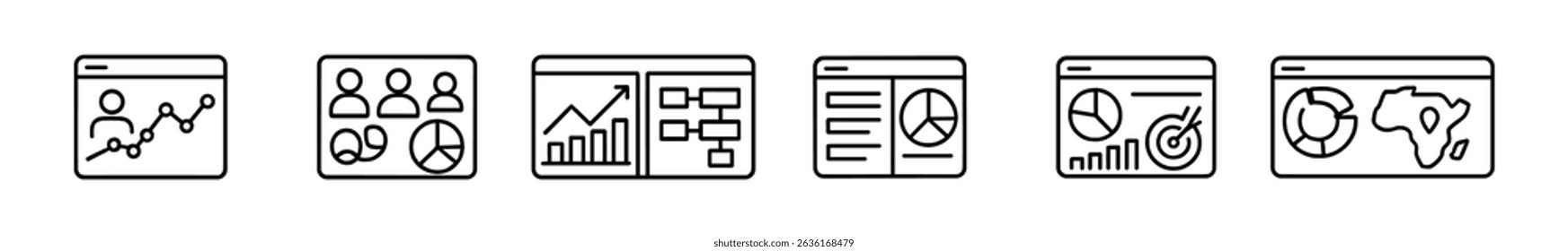 Data and analytics line icon set - linear, charts, graph symbols for analysis