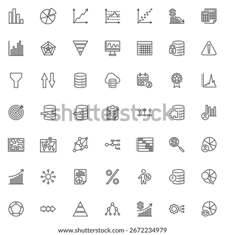 Data analytics line icon set. Outline vector signs pack. Includes chart, pie graph, funnel, database, stats, filter, cloud, magnifier, percentage, pyramid, calendar icon symbols.
