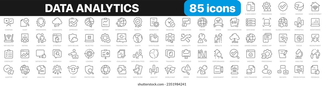 Data analytics line icons collection. Processing, statistics, information, analysis, graphic icons. UI icon set. Thin outline icons pack. Vector illustration EPS10