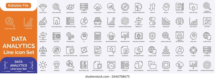 Data analytics line icons collection. Big Data Analytics icon set in a flat design. Thin outline icons pack. Vector illustration. Line icon set