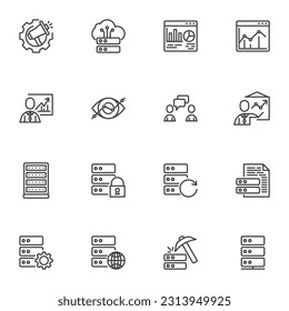 Data analytics line icons set, outline vector symbol collection, linear style pictogram pack. Signs, logo illustration. Set includes icons as big data analysis technology, analyst, monitoring, server