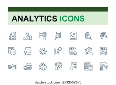 Data analytics line icons set. Including graph, chart, metrics, statistics, dashboard, report, and more. Thin line vector icons collection. Editable stroke. Vector illustration.