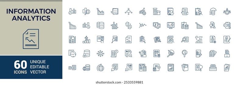 Data analytics line icons set. Including graph, chart, metrics, statistics, dashboard, report, and more. Thin line vector icons collection. Editable stroke. Vector illustration.