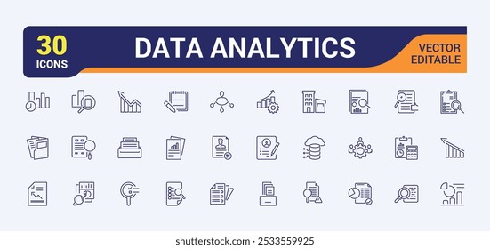 Data analytics line icons set. Including graph, chart, metrics, statistics, dashboard, report, and more. Thin line vector icons collection. Editable stroke. Vector illustration.