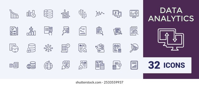Data analytics line icons set. Including graph, chart, metrics, statistics, dashboard, report, and more. Thin line vector icons collection. Editable stroke. Vector illustration.
