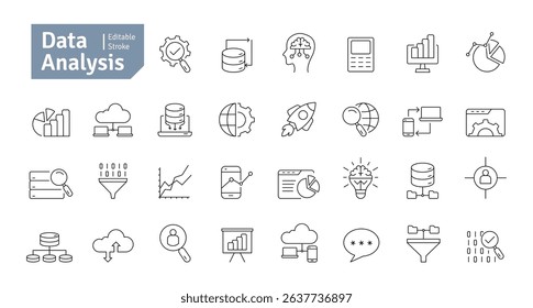 Data Analytics Line Icons Set. Statistic, Presentation, Report, Monitoring, Research, Big Data, Strategy, Planning Icons Editable Stroke Vector Illustration