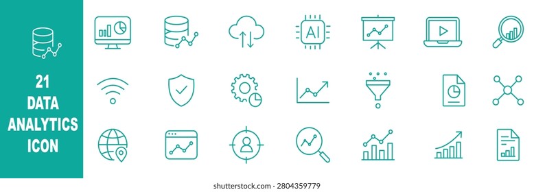 Data Analytics Line Icons Set Featuring AI Dashboard Statistics and Business Visualization