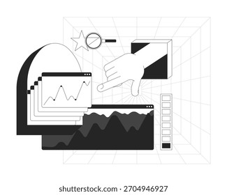 Onboarding-UI-Illustration der Datenanalysezeile. Diagramme. Handinteraktion. Sternbewertung. Intuitives Dashboard. 2D-Konzept des digitalen Arbeitsbereichs isoliert. Lineare Farbmetapher, Vektorgrafik