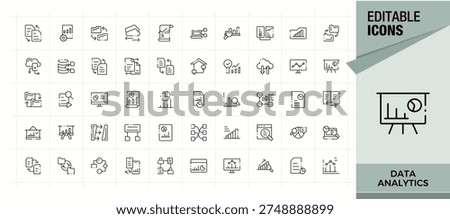 Data Analytics linear icon collection. Computing icon set in linear style. Featuring management, database, information, computing, statistics, analytics and more. Editable vector.