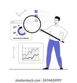 Data analytics or marketing seo optimization concept. Man analyzes graphs, charts, dashboard, prepares a report. Vector illustration with line people for web design.	
