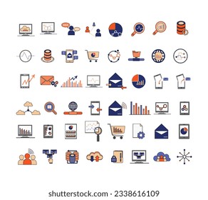 Data analytics and network icon set. Big data analysis technology symbol. Containing database, statistics, analytics, server, monitoring, computing and network icons. Solid icons vector collection.