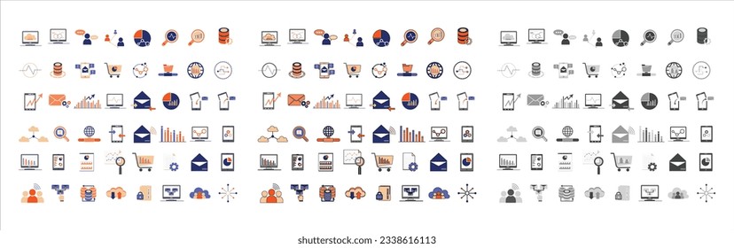 Data analytics and network icon set. Big data analysis technology symbol. Containing database, statistics, analytics, server, monitoring, computing and network icons. Solid icons vector collection.