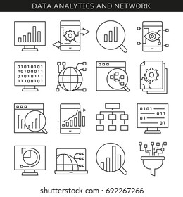 data analytics and network icons in line style