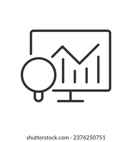Data analytics on a computer, linear icon. Magnifying glass and charts in the monitor. Line with editable stroke