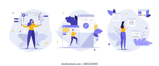 Data analytics online flat concept vector illustrations set. User dashboard with infographics cartoon composition. Digital technology of communication creative idea for website, presentation