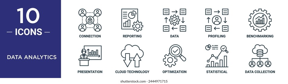 data analytics outline icon set includes thin line connection, reporting, data, profiling, benchmarking, presentation, cloud technology icons for report, presentation, diagram, web design