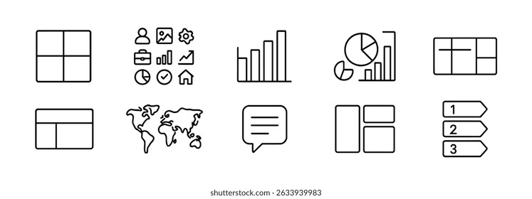 Dados, conjunto de ícones de tópicos de análise - gráficos, gráficos, mais, visualização simples