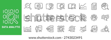 Data analytics outline icons with charts, dashboards, search, reports, workflow, optimization, KPI growth, editable stroke line vector set business insights.