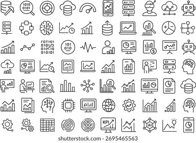 Data analytics outline icons contains machine learning, KPI, analytics dashboard and big data analysis. Editable stroke and isolated.