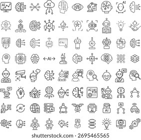 Data analytics outline icons contains big data analysis, machine learning technology, database and graph vectors for analysis, visualization. Editable stroke.