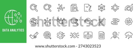 Data analytics outline icons for search, SEO, AI, dashboards, charts, optimization, cloud, reporting, editable stroke line set for business insights.