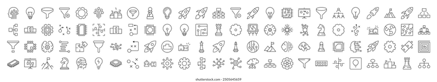 Data and Analytics Outline Simple Icons Bundle. Contains Icons of Puzzle, Funnel, Gear, Cogwheel, Spaceship that Can Be Used for Design of Cards, Posts, Apps, Web Sites