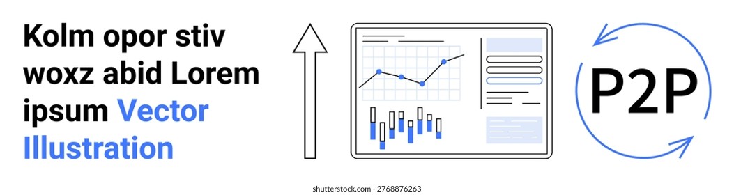 Data analytics, P2P transactions, business strategy, financial growth, performance tracking, digital solutions. Chart graphs and arrow alongside a pear-to-pear icon. Data analytics and P2P concepts