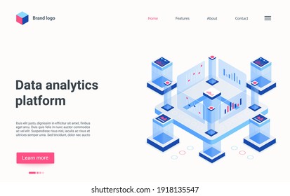 Data Analytics Platform, Automation Technology Isometric Vector Illustration. Cartoon Workstation Supercomputer Structure For Automatic Data Processing And Tech Analysis, Computer Network Landing Page