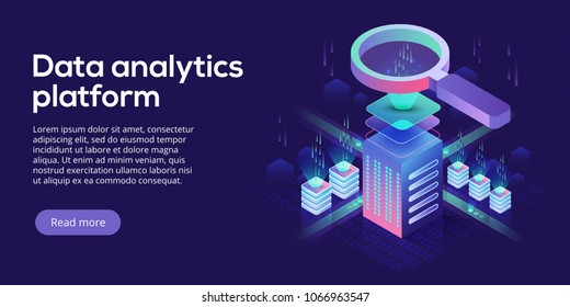 Data Analytics Platform Isometric Vector Illustration. Abstract Hosting Server Or Data Center Room Background. Network Or Mainframe Infrastructure Website Header Layout. Computer Storage Workstation