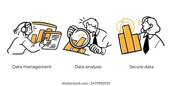 Data analytics platform, data management and protection - set of business concept illustrations. Visual stories collection.