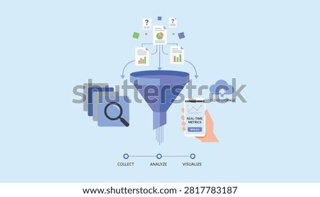 Data analytics and processing concept showing a funnel transforming raw documents into clear real-time metric charts on a smartphone screen.
