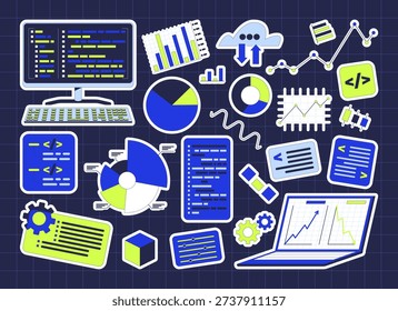 Data analytics and programming colorful die-cut sticker sheet. Coding screens. Charts dashboards. Metrics. Flat cartoon collage design. Vector illustration. Labels pack for journaling, scrapbooking