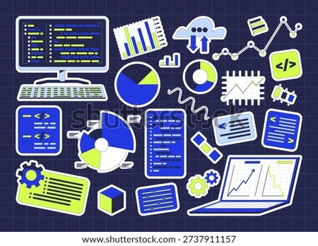 Data analytics and programming colorful die-cut sticker sheet. Coding screens. Charts dashboards. Metrics. Flat cartoon collage design. Vector illustration. Labels pack for journaling, scrapbooking