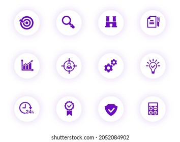 data analytics purple color vector icons on light round buttons with purple shadow. data analytics icon set for web, mobile apps, ui design and print