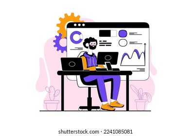 Data analytics purple concept with people scene in the flat cartoon design. Programmer works on the analysis and processing do of various data. Vector illustration.