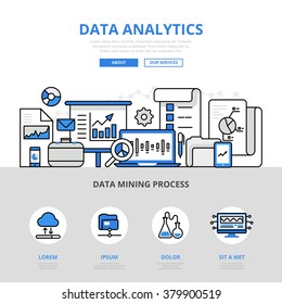 Data analytics report mining process concept flat line art vector icon. Modern website infographics illustration hero image web banner printed material. Line art collection.