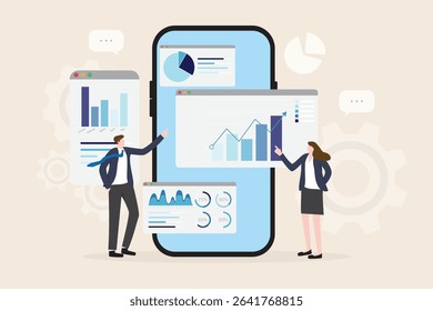 Data analytics research and business finance investment analysis report from smart phone concept. Business team presenting marketing infographic dashboard graph monitor flat vector illustration.