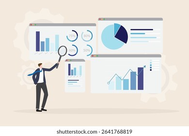 Data analytics research and business finance investment analysis report concept. Businessman holding magnifying glass with marketing infographic dashboard graph monitor flat vector illustration.