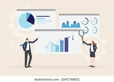 Data analytics research and business finance investment analysis report concept. Business team presenting marketing infographic dashboard graph monitor flat vector illustration.